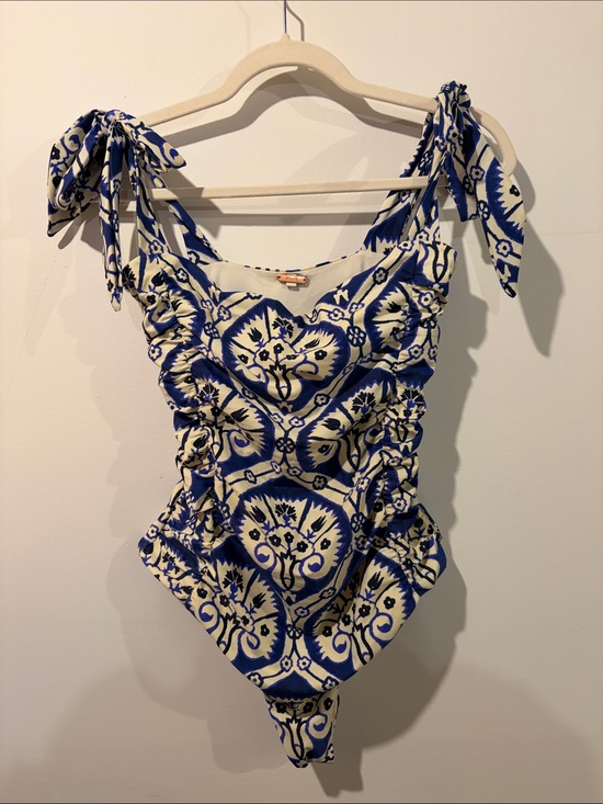Johanna Ortiz Other - Johanna Ortiz Blue and Cream Patterned Tie-Shoulder One-Piece Swimsuit sz Large